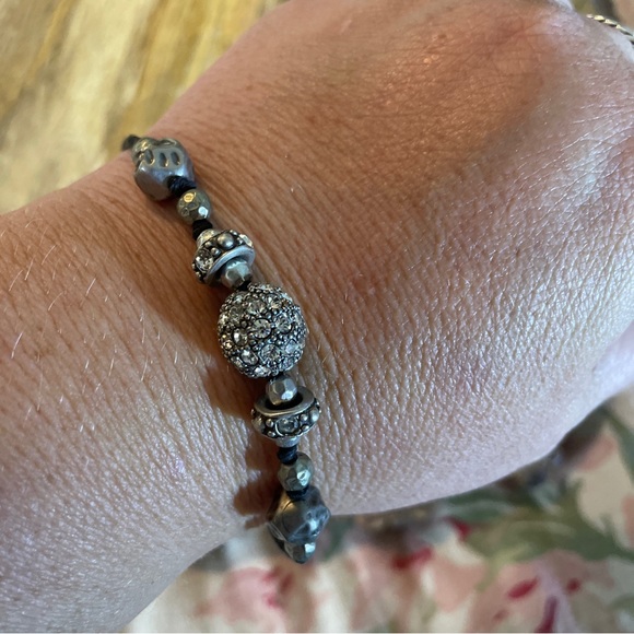 Adjustable Black String Bracelet Rhinestone Pearl Silver Tone Beads LARGE Wrist - Picture 7 of 14